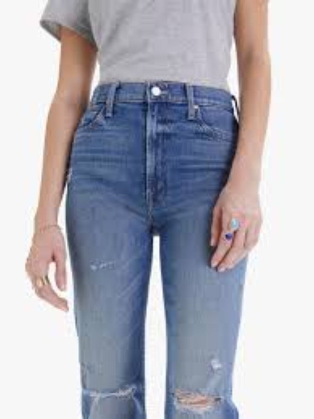 MOTHER women’s Light Blue Straight Jeans with Knee Distress